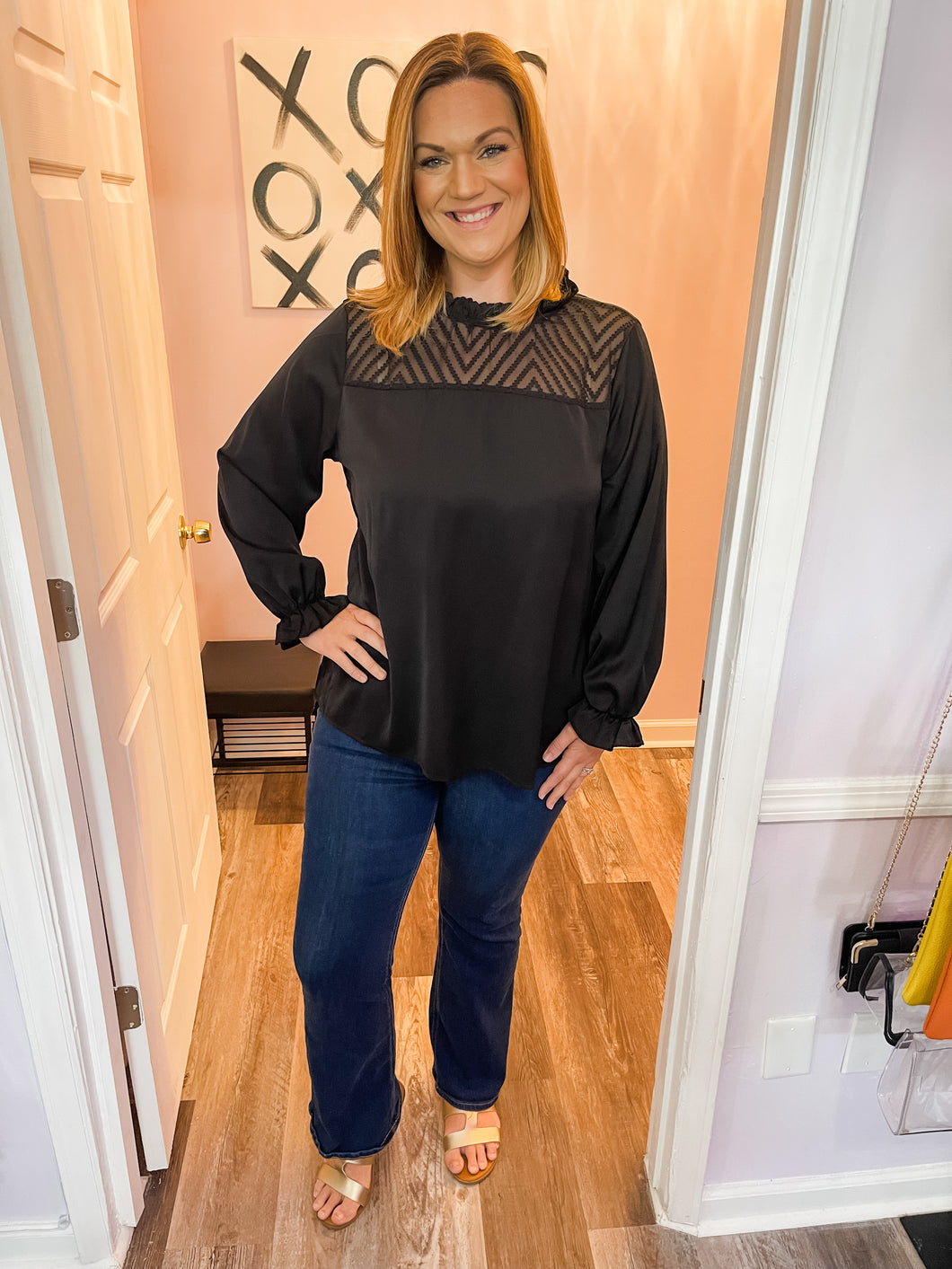 Plus Size Black & Mesh Bubble Sleeve Flared Wrist Long Sleeve Top