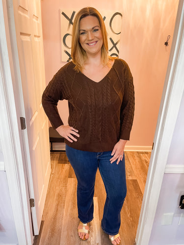Plus Size Brown V Neck Braided Sweater