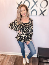 Load image into Gallery viewer, Black &amp; Nude Leopard Print Smocked Long Sleeve Top
