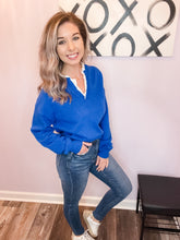 Load image into Gallery viewer, Cobalt Blue V Neck Sweater With Eyelet Collar Lining Sweater

