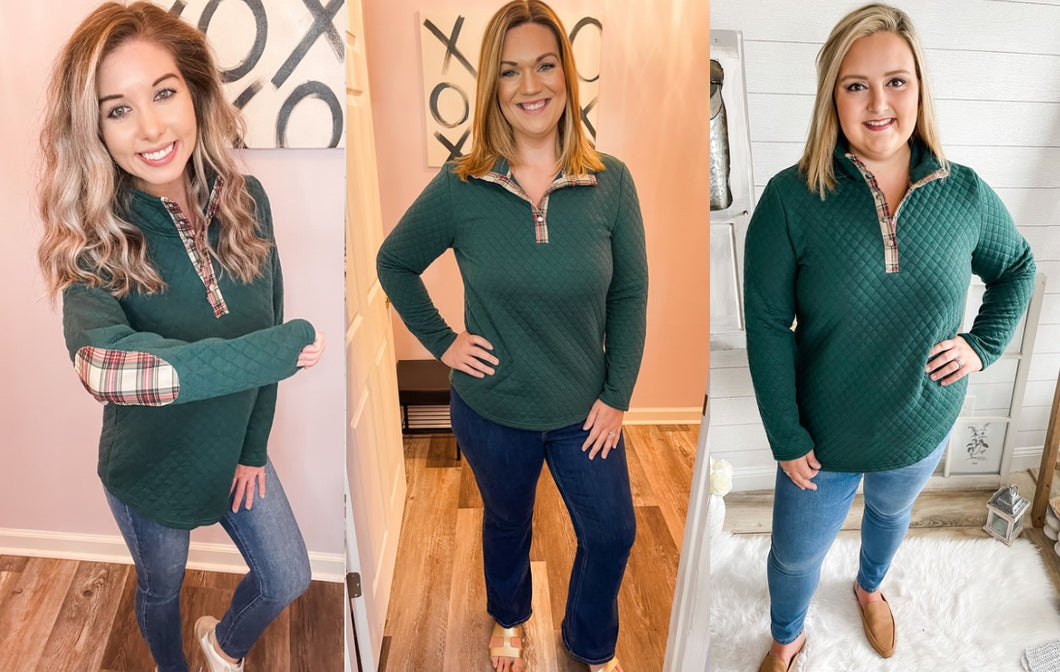 Green and Plaid Elbow Pad Quilted Pullover