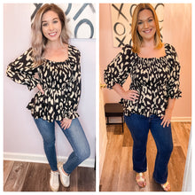 Load image into Gallery viewer, Black &amp; Nude Leopard Print Smocked Long Sleeve Top
