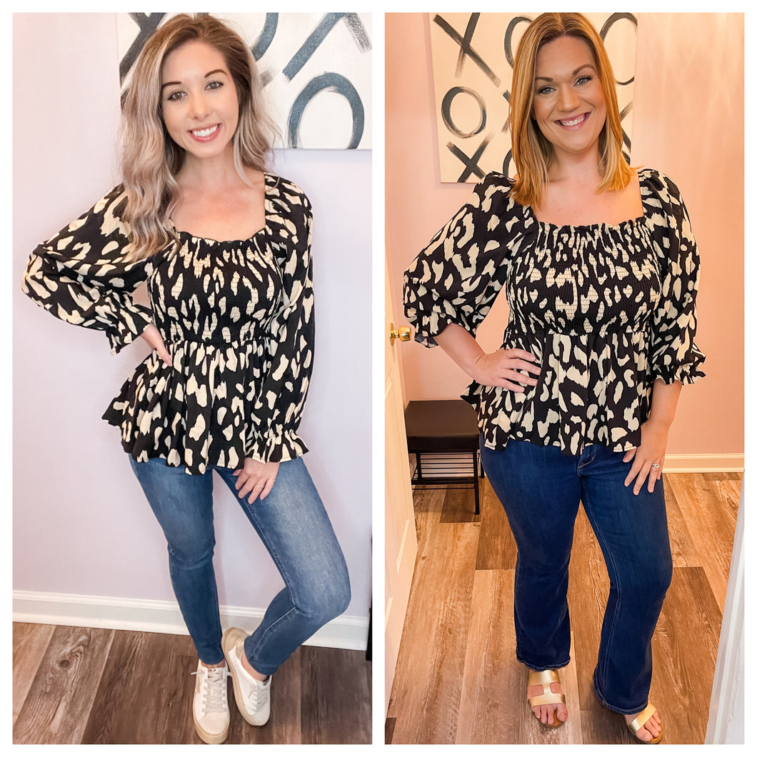 Black & Nude Leopard Print Smocked Long Sleeve Top