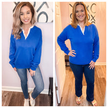 Load image into Gallery viewer, Cobalt Blue V Neck Sweater With Eyelet Collar Lining Sweater
