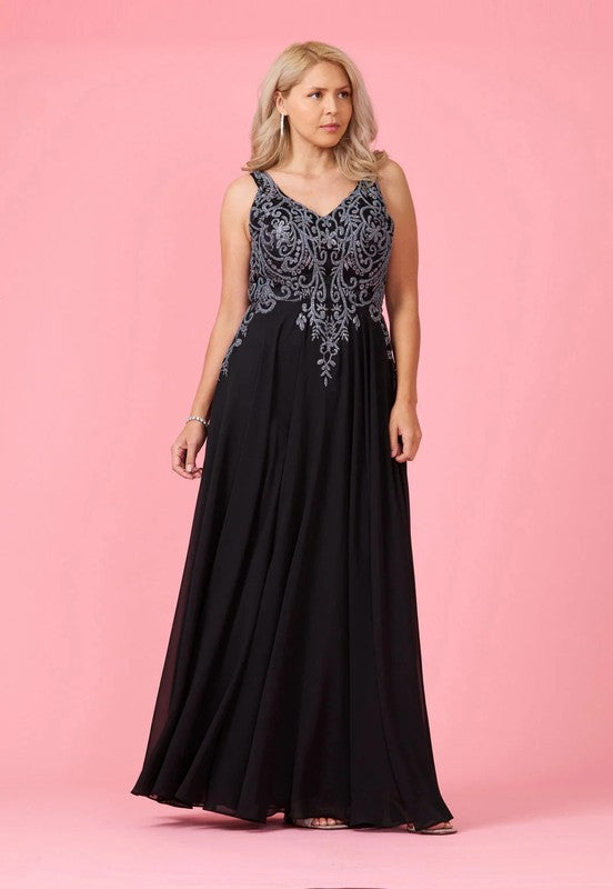 Plus Size Floral & Vine Design Sleeveless Black & Silver Dress (Sizes: 1XL-5XL)