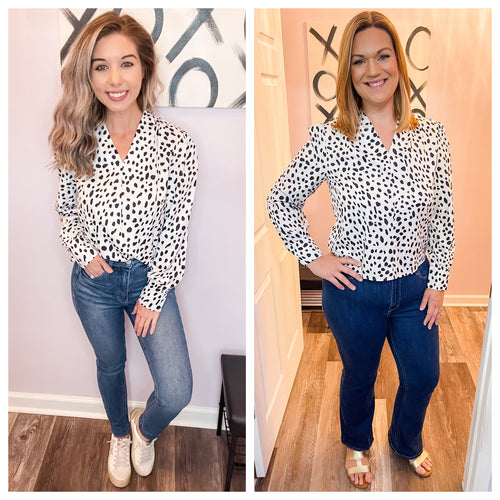 White & Black Leopard Print Buttoned Wrists Longs Sleeve Top