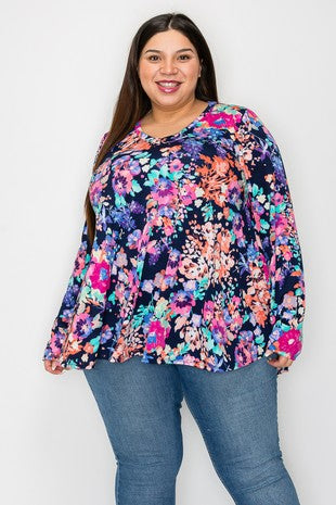 Plus Size Black & Multi Colored Floral Long Sleeve Top (Sizes: 3XL-5XL)