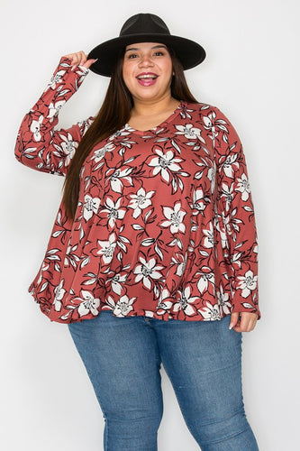 Plus Size Floral Design Brick Colored Long Sleeve Top (Sizes: 3XL-5XL)