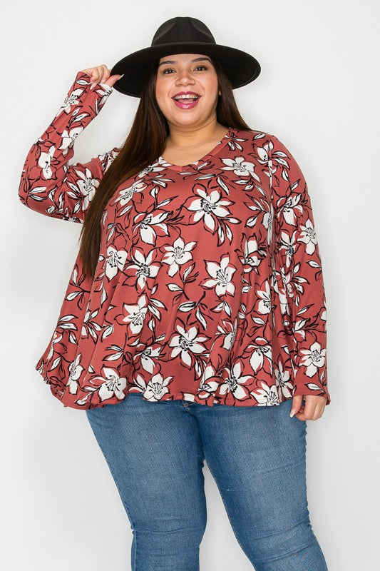 Plus Size Floral Design Brick Colored Long Sleeve Top (Sizes: 3XL-5XL)