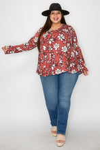 Load image into Gallery viewer, Plus Size Floral Design Brick Colored Long Sleeve Top (Sizes: 3XL-5XL)
