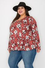 Load image into Gallery viewer, Plus Size Floral Design Brick Colored Long Sleeve Top (Sizes: 3XL-5XL)
