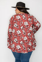Load image into Gallery viewer, Plus Size Floral Design Brick Colored Long Sleeve Top (Sizes: 3XL-5XL)
