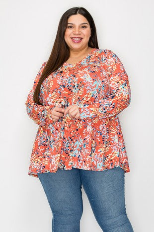 Plus Size Lilly Inspired Orange Multi Colored Floral Design Long Sleeve Top (Sizes: 3XL-5XL)