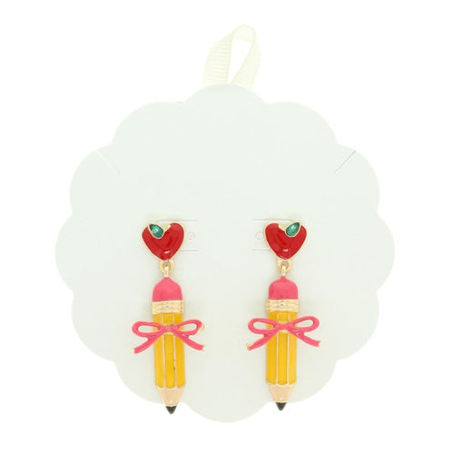 School Pencil Heart & Bow Earrings