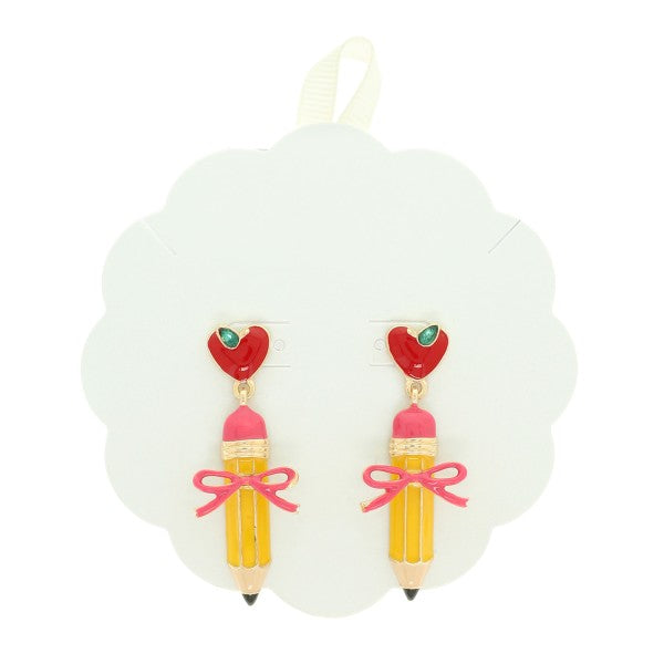 School Pencil Heart & Bow Earrings