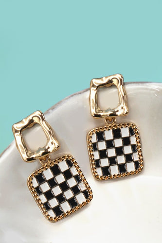 Black & White Checkered Gold Earrings