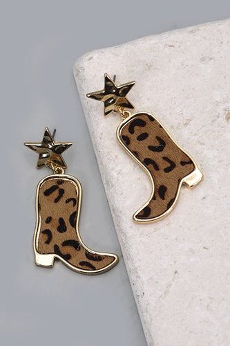 Leopard Print Cowgirl Boot & Gold Star Earrings