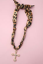 Load image into Gallery viewer, Gold &amp; Pearl Cross Pendant With Leopard Scarf Necklace
