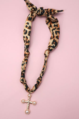 Gold & Pearl Cross Pendant With Leopard Scarf Necklace