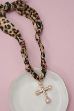Load image into Gallery viewer, Gold &amp; Pearl Cross Pendant With Leopard Scarf Necklace

