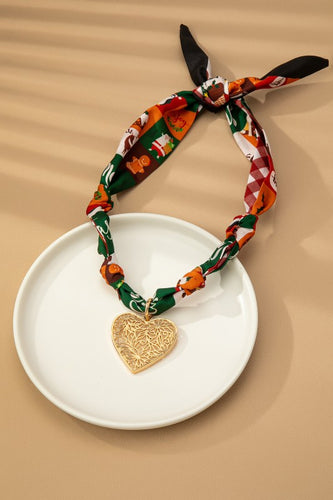 Gold Heart With Floral Vine Design Pendant Christmas Gingerbread Man & Santa Scarf Necklace