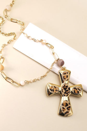 Gold & Leopard Print Cross Pendant Necklace