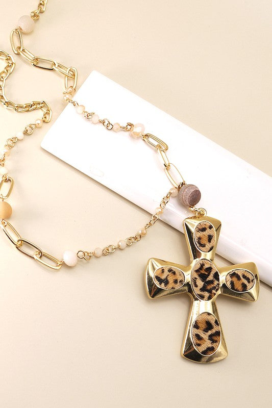 Gold & Leopard Print Cross Pendant Necklace