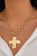 Load image into Gallery viewer, Gold Hammered Textured Cross Toggle Necklace
