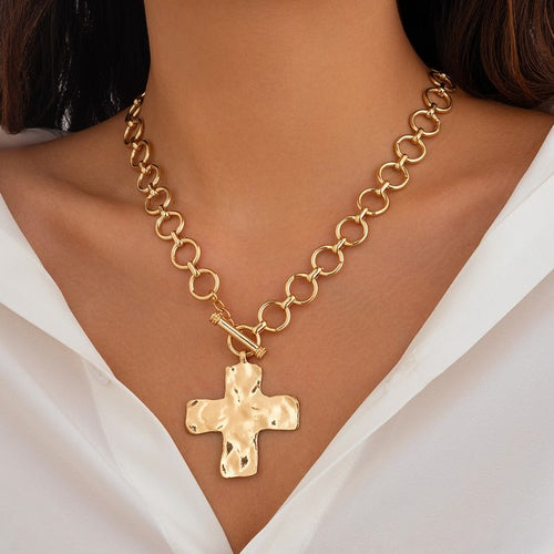 Gold Hammered Textured Cross Toggle Necklace