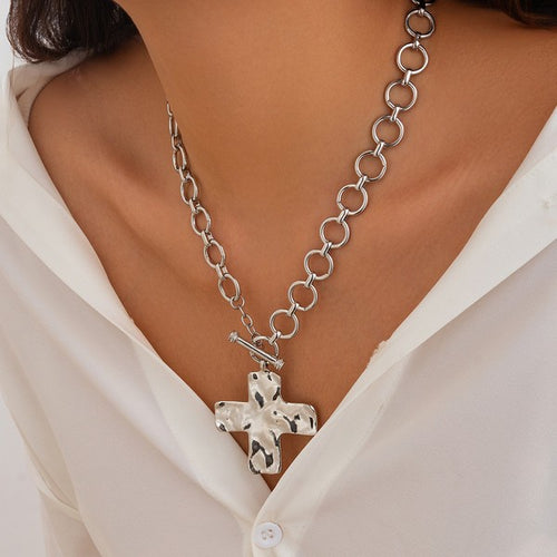 Gold Hammered Textured Cross Toggle Necklace
