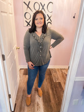 Load image into Gallery viewer, Olive Ruffled Wooden Button Down Long Sleeve Top
