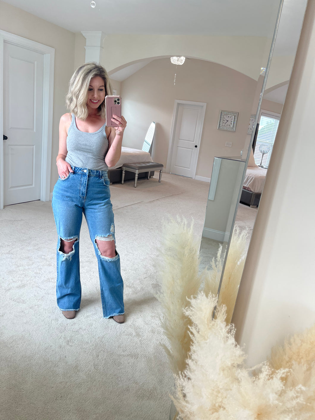 High Rise Straight Leg Destroyed Boyfriend Jeans