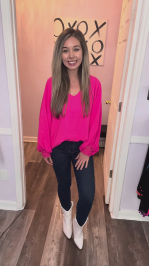 Fuchsia V Neck Lace Wrists Long Sleeve Top