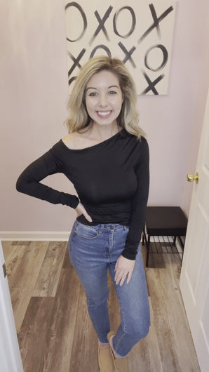 Black Asymmetrical Neckline Long Sleeve Top