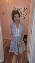Load and play video in Gallery viewer, Blue Seersucker Inspired With White Ric Rac Trim Dress

