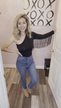 Load and play video in Gallery viewer, Black One Shoulder Fringed Bodysuit
