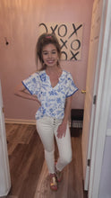 Load and play video in Gallery viewer, Blue &amp; White Floral With Blue Scalloped Trim Top
