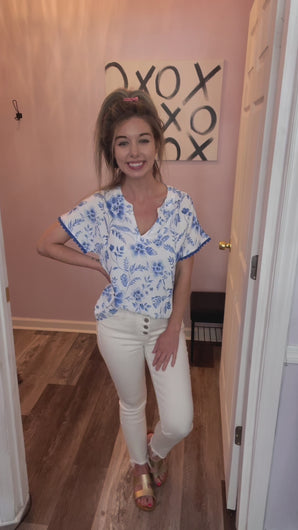 Blue & White Floral With Blue Scalloped Trim Top