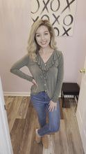 Load and play video in Gallery viewer, Olive Ruffled Wooden Button Down Long Sleeve Top
