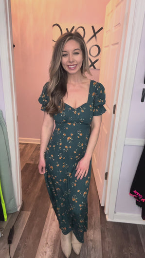 Hunter Green Floral Puff Sleeve Criss Cross Back Dress