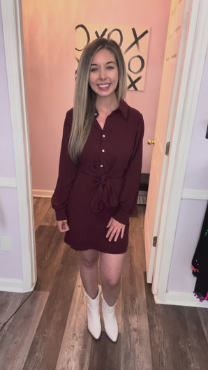 Garnet Front Tie Long Sleeve Button Down Dress