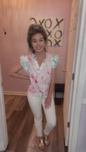 Load and play video in Gallery viewer, Multi-Colored Floral Frill Sleeve V Neck Top
