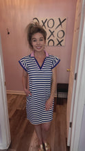 Load and play video in Gallery viewer, Blue &amp; Ivory Striped With Pink Lining V Neck Dress
