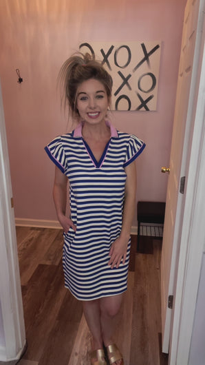 Blue & Ivory Striped With Pink Lining V Neck Dress