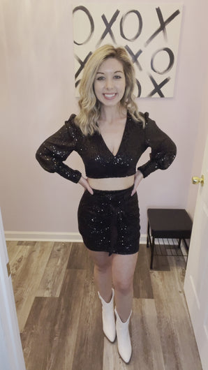 2 Piece Black Sequin Ruched Skirt & Crop Top Set