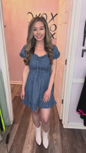 Load and play video in Gallery viewer, Medium Wash Denim Smocked Dress

