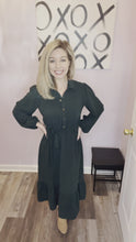 Load and play video in Gallery viewer, Hunter Green Button Down Long Sleeve Midi Dress

