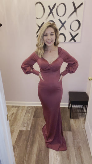 Dark Rose V Neck Long Sleeve Maxi Dress