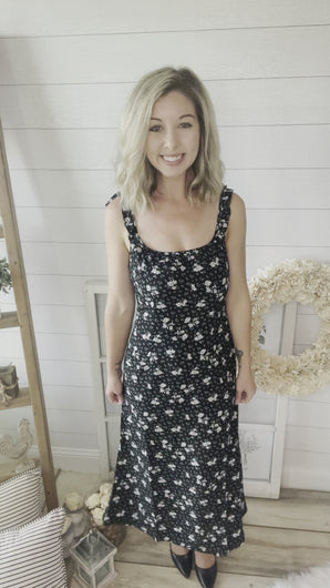 Black Floral Print Midi Dress