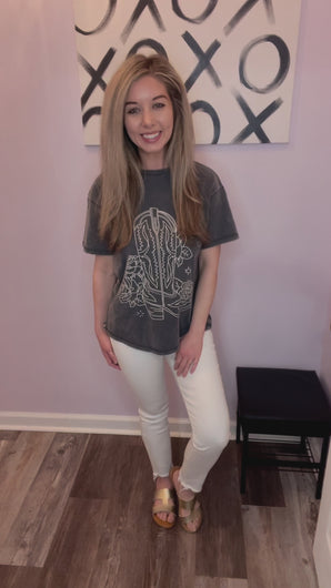 Grey & White Washed Western Cowgirl Boot & Flowers T Shirt